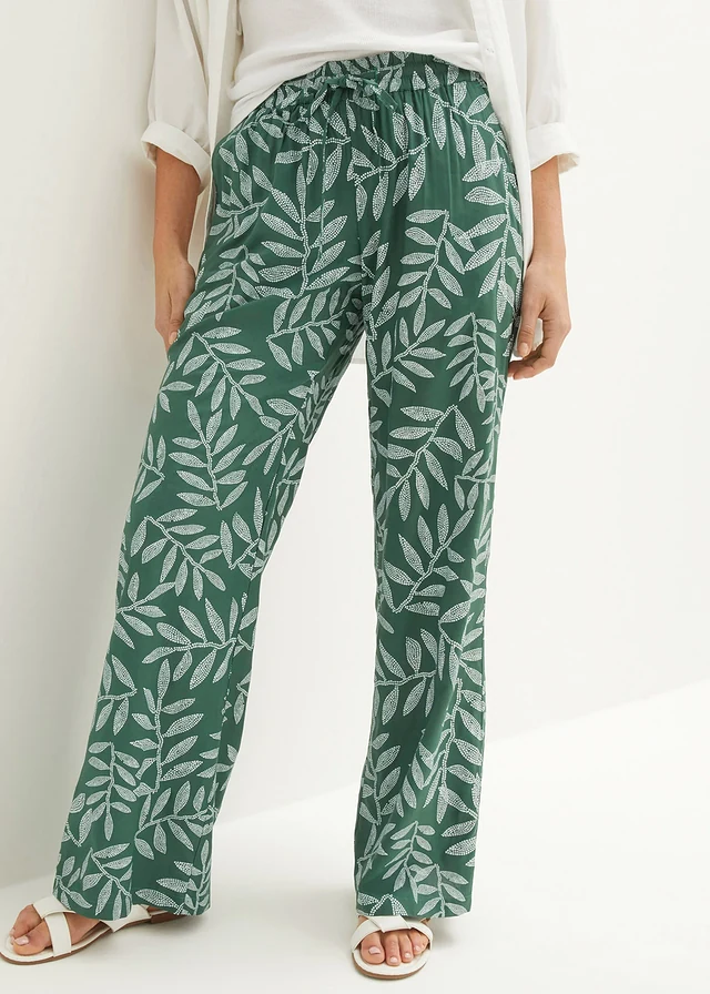 Pantalon palazzo en viscose, Couleur: vert foncé-blanc imprimé