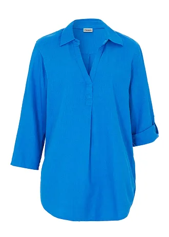 Blouse met linnen en 3/4 mouwen, Kleur: azuurblauw