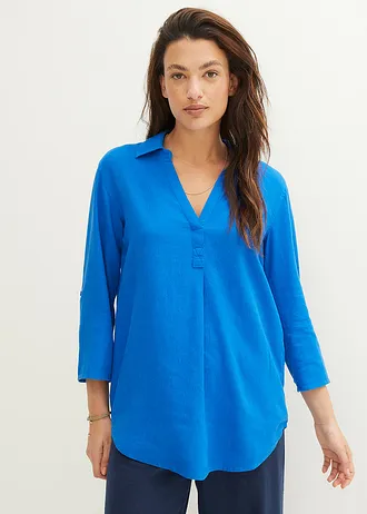 Blouse met linnen en 3/4 mouwen, Kleur: azuurblauw