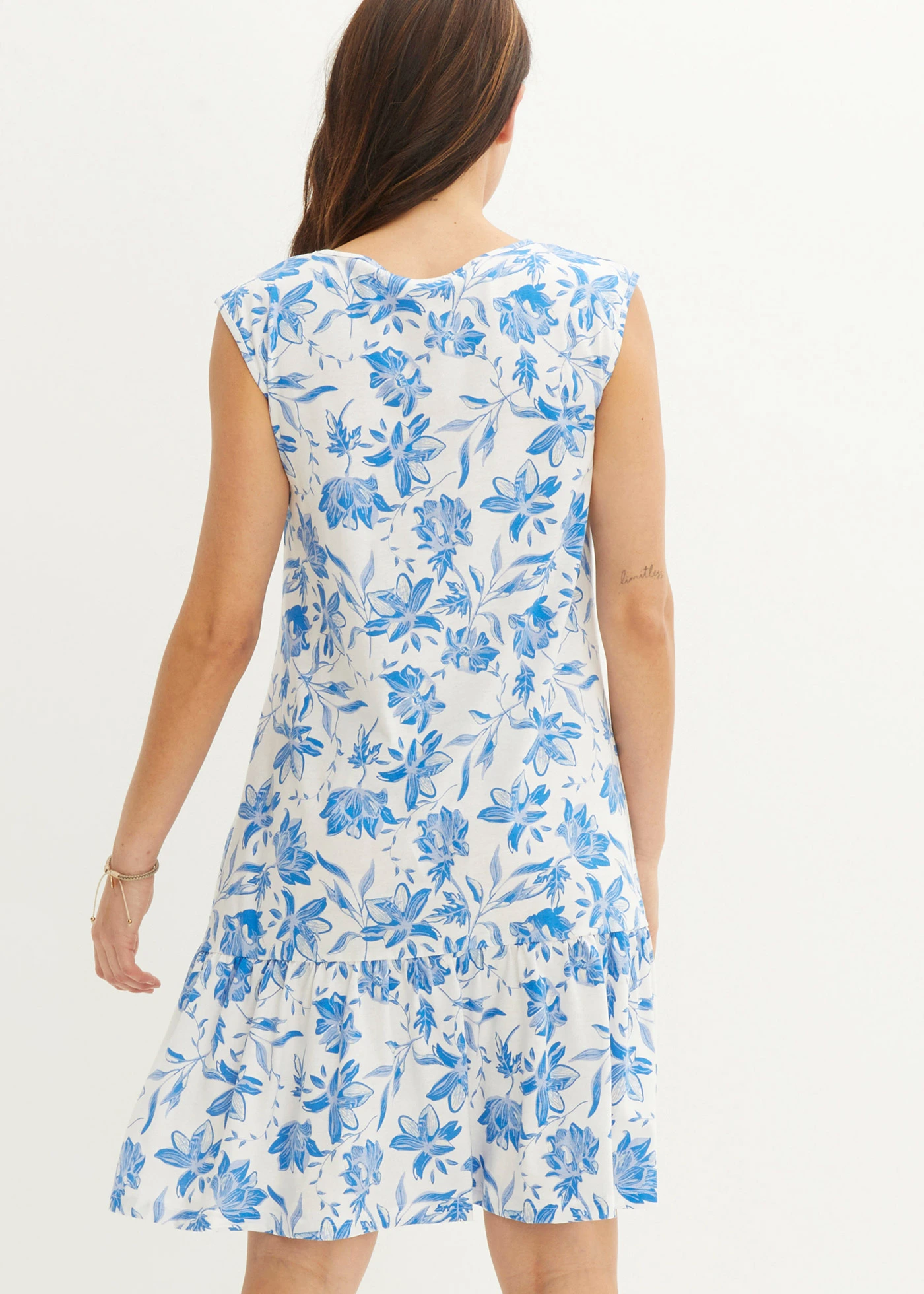 Midi jurk van puur katoen • wit-azuurblauw gebloemd • bonprix online shop