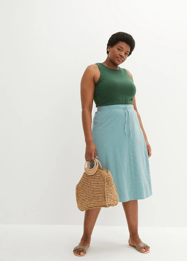 Jupe en jersey à rayures, longueur genou, Couleur: vert pin/blanc rayé