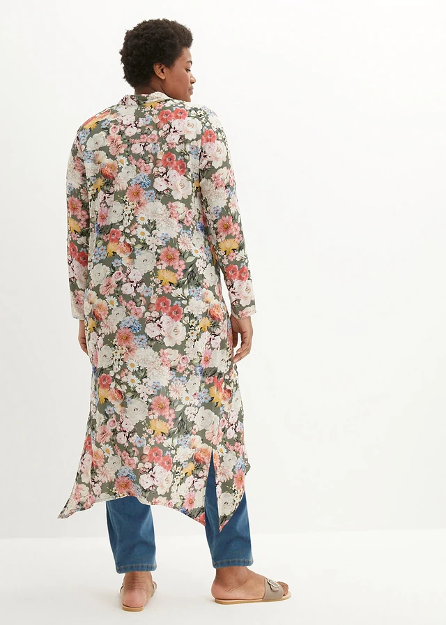 Lange blouse van soepele viscose, Kleur: olijfgroen gebloemd