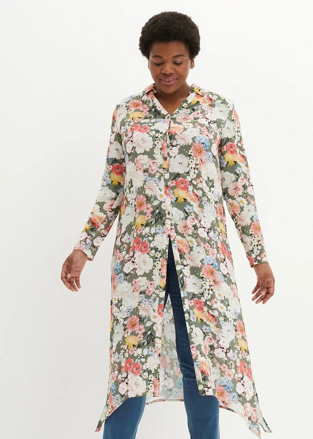 Lange blouse van soepele viscose, Kleur: olijfgroen gebloemd