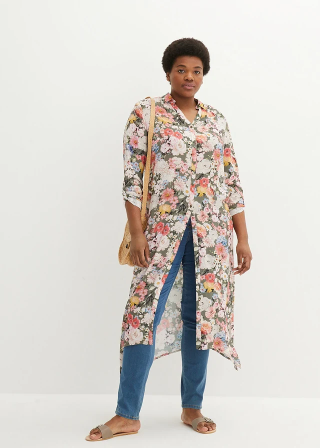 Lange blouse van soepele viscose, Kleur: olijfgroen gebloemd