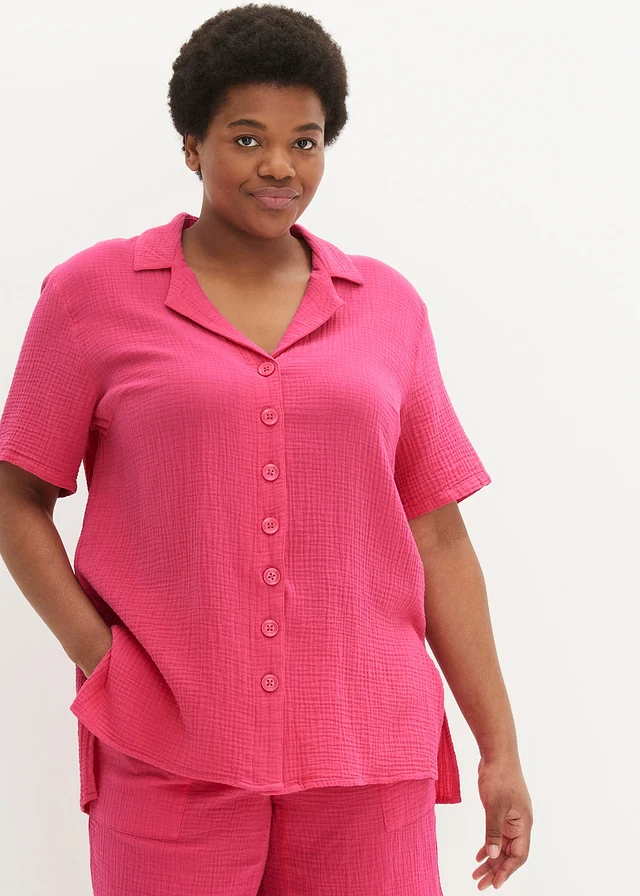 Overhemdblouse van mousseline, Kleur: donkerpink