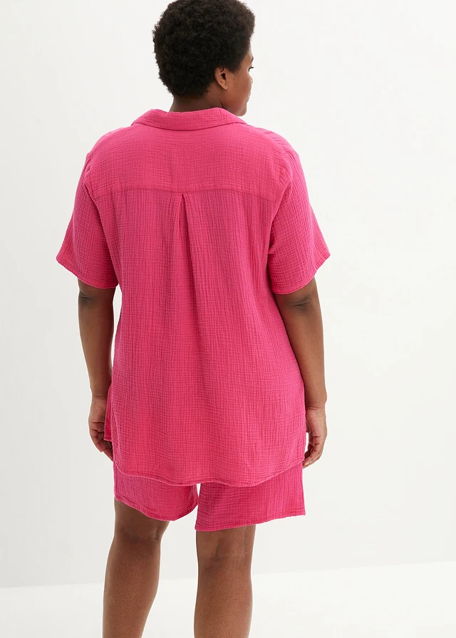 Overhemdblouse van mousseline, Kleur: donkerpink