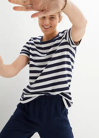 Tricou cu decolteu rotund, din bumbac (2buc.) • alb/bleumarin dungat • magazin bonprix