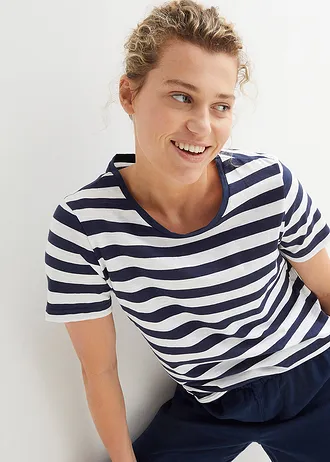 T-shirt met ronde hals van katoen (set van 2) • wit-donkerblauw gestreept • bonprix online shop