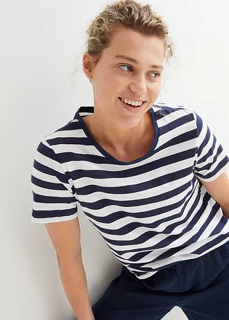 Tricou cu decolteu rotund, din bumbac (2buc.) • alb/bleumarin dungat • magazin bonprix