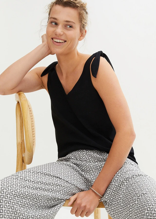 Top en coton avec détails nœuds, Couleur: noir