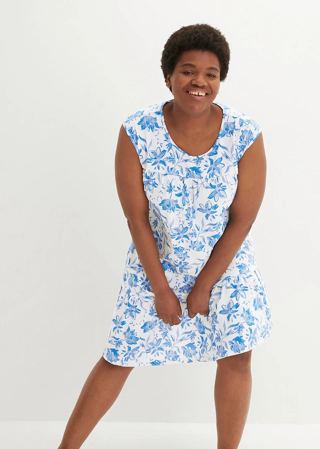 Robe midi 100% coton, Couleur: blanc-bleu azur floral