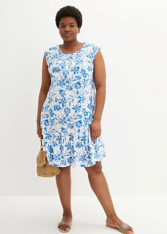 Robe midi 100% coton, Couleur: blanc-bleu azur floral