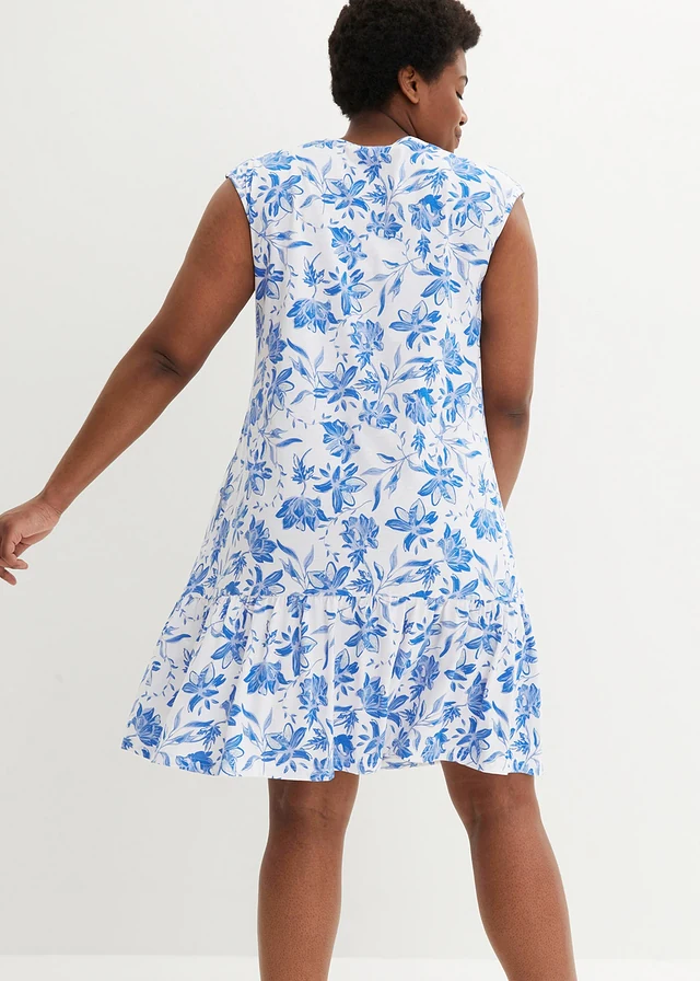 Robe midi 100% coton, Couleur: blanc-bleu azur floral
