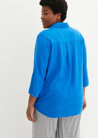 Blouse met linnen en 3/4 mouwen, Kleur: azuurblauw