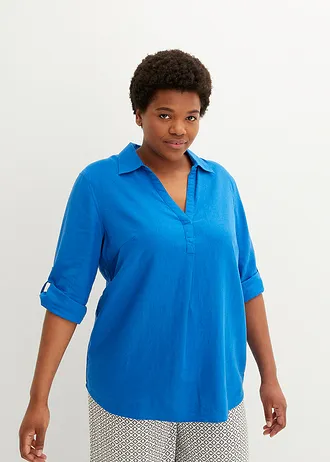Blouse met linnen en 3/4 mouwen, Kleur: azuurblauw