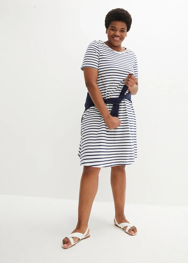 Robe fluide en coton flammé, Couleur: écru/bleu nuit rayé