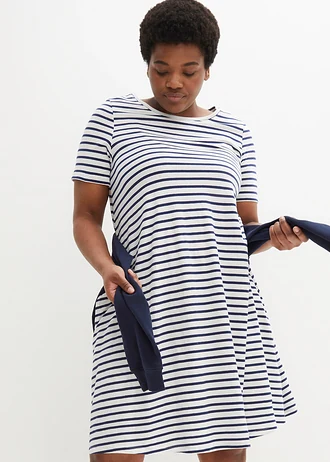 Robe fluide en coton flammé, Couleur: blanc cassé-bleu nuit rayé