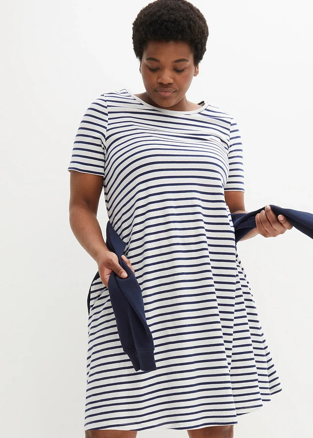 Robe fluide en coton flammé, Couleur: écru/bleu nuit rayé