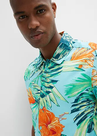 Chemise manches courtes 100% coton, Couleur: bleu ciel imprimé