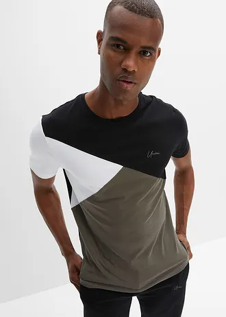 T-shirt en sweat bermuda (2-dlg. set), Kleur: zwart-donkerolijfgroen-wit