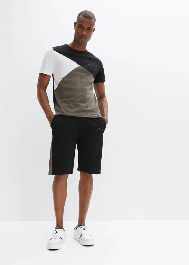 T-shirt en sweat bermuda (2-dlg. set), Kleur: zwart-donkerolijfgroen-wit