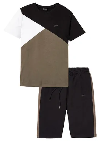 Tricou și bermude sport (set/ 2 piese) • negru-oliv închis-alb • magazin bonprix