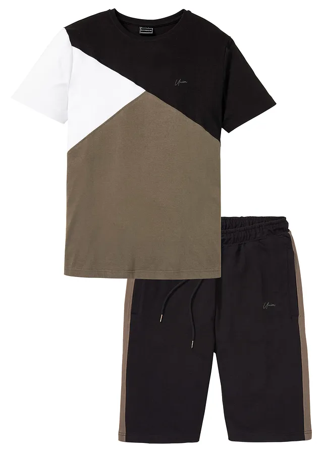 T-shirt en sweat bermuda (2-dlg. set), Kleur: zwart-donkerolijfgroen-wit