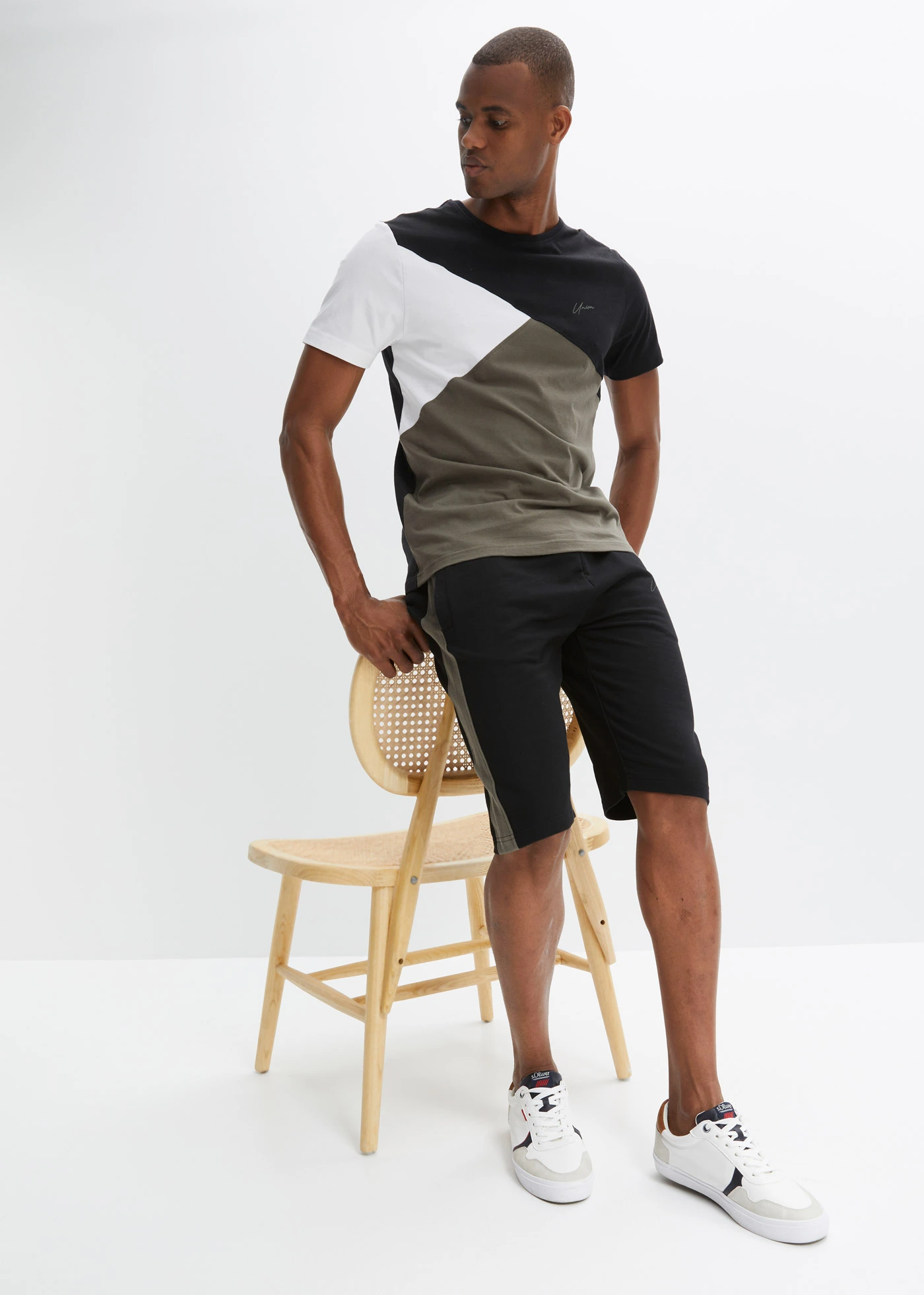 Tricou și bermude sport (set/ 2 piese) • negru-oliv închis-alb • magazin bonprix