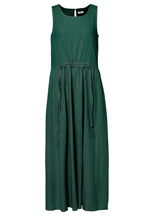 Długa sukienka z lekkiej mieszanki lnu i wiskozy, kolor: ciemnozielony