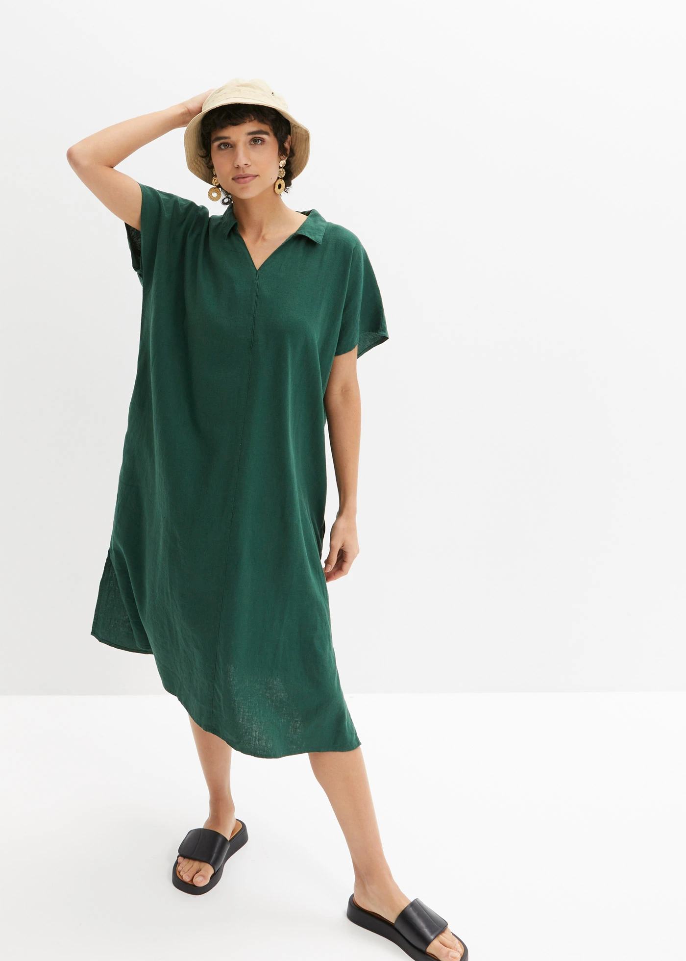 Kaftan jurk met linnen • donkergroen • bonprix online shop
