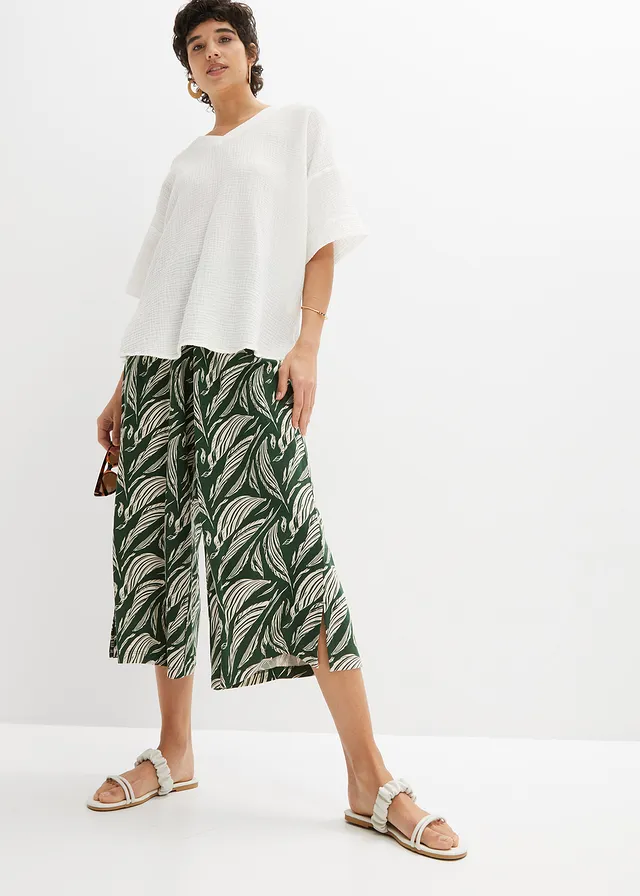 Pantalon large en jersey coton et viscose, Couleur: vert foncé/beige sable