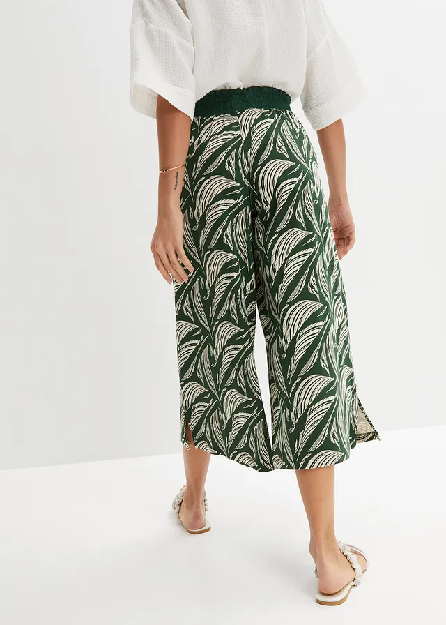 Pantalon large en jersey coton et viscose, Couleur: vert foncé/beige sable