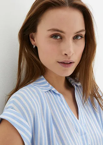 Halenka s krátkým rukávem, ze splývavé viskózy • perlově modrá/bílá s proužky • bonprix obchod