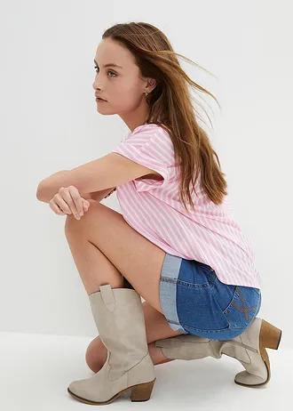 Bluzka z krótkim rękawem z lejącej wiskozy • jasnorózowy/bialy w paski • sklep bonprix