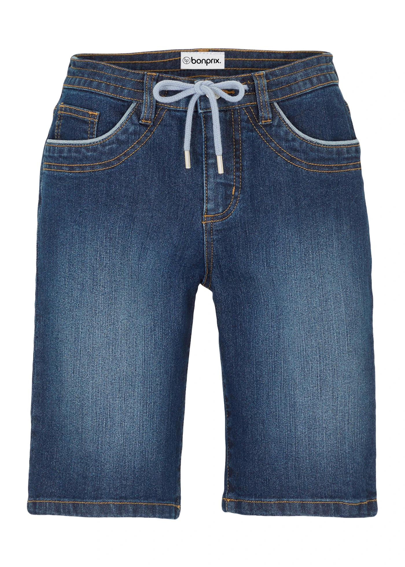Farmer bermuda Slim Fit, Mid Waist • sötétkék denim, használt hatású • bonprix áruház