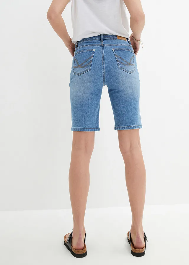 Bermuda slim en jean, taille mi-haute, Couleur: bleu moyen denim used