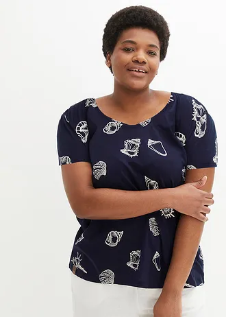 Gedessineerd carmen-shirt met ronde hals van biologisch katoen, Kleur: donkerblauw