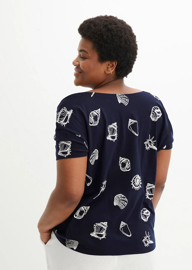T-shirt imprimé à col rond en coton, Couleur: bleu foncé imprimé