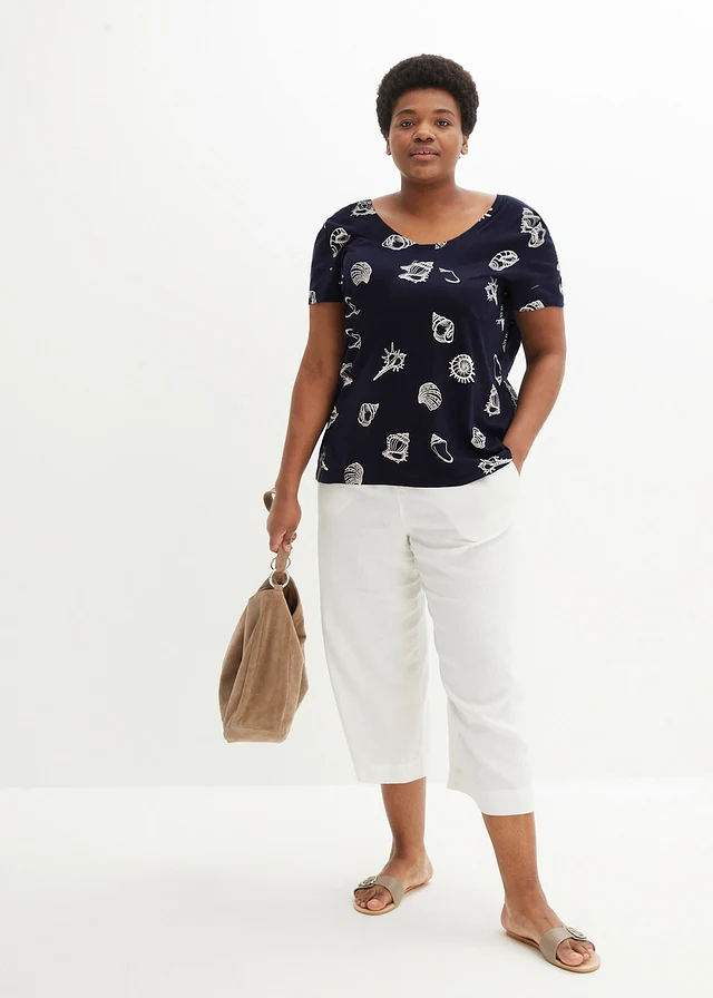 T-shirt imprimé à col rond en coton, Couleur: bleu foncé imprimé