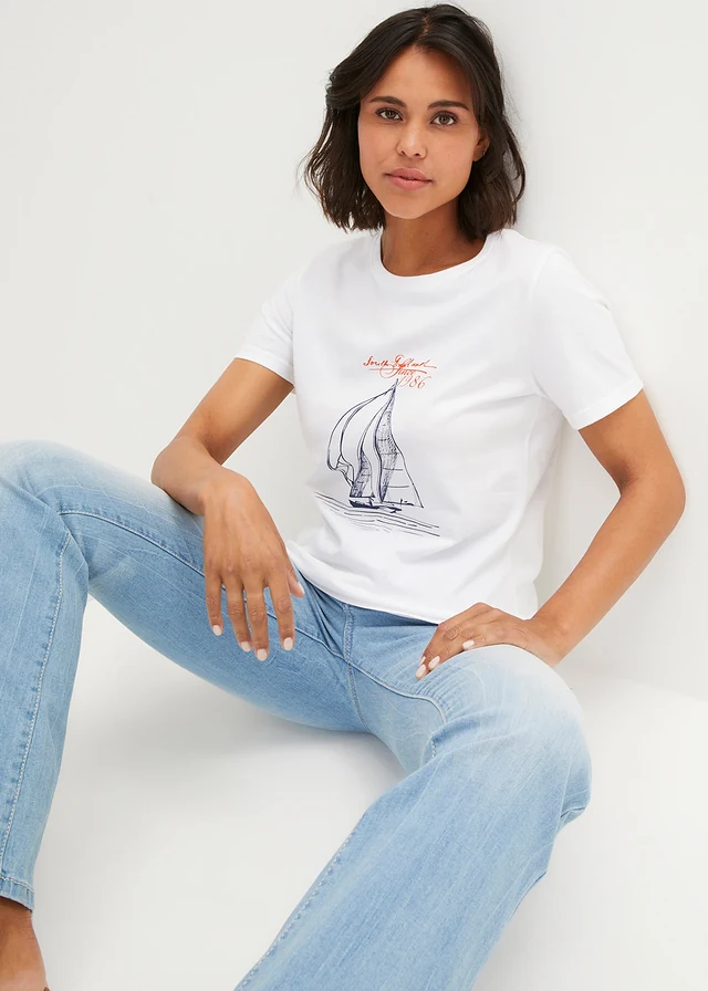 T-shirt coton imprimé et fendu sur le côté, Couleur: blanc imprimé