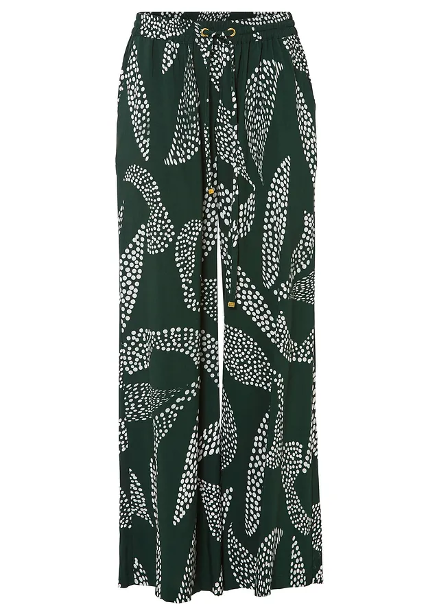 Pantaloni Marlene din viscoză fluidă • verde închis/ecru cu imprimeu • magazin bonprix