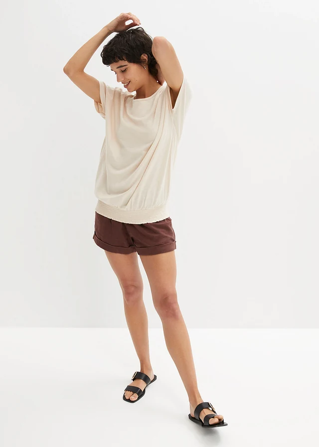 Shirt van effectgaren met gesmokte boord, Kleur: sandbeige