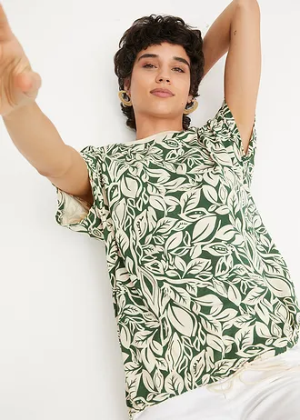 T-shirt court-long avec lien à nouer, Couleur: vert foncé/beige sable