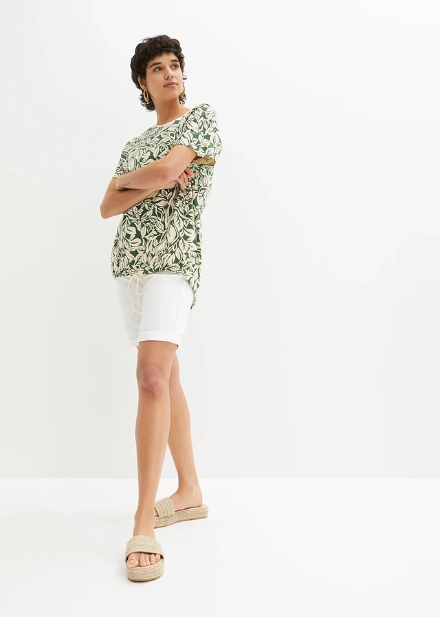 High-low shirt met strikkoordjes, Kleur: donkergroen-sandbeige