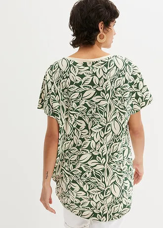 T-shirt court-long avec lien à nouer, Couleur: vert foncé/beige sable