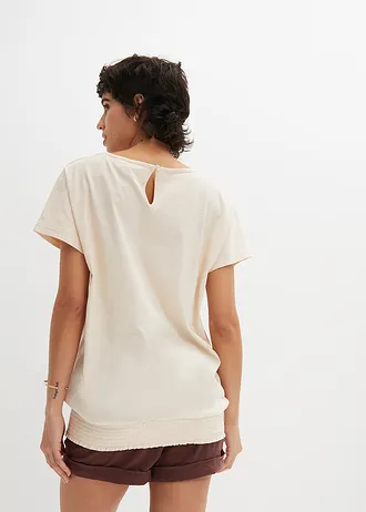 Triko z žíhané příze a s žabičkovaným lemem, z organické bavlny, barva: pískově béžová