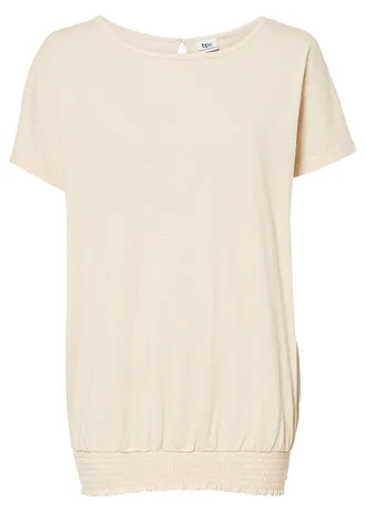 Shirt van effectgaren met gesmokte boord, Kleur: sandbeige