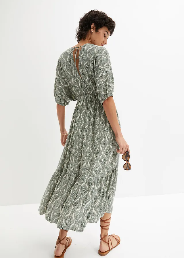 Maxi jurk van soepele viscose, Kleur: donkergroen-sandbeige