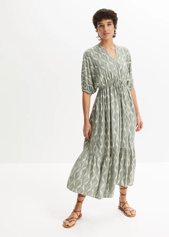 Maxi jurk van soepele viscose, Kleur: donkergroen-sandbeige