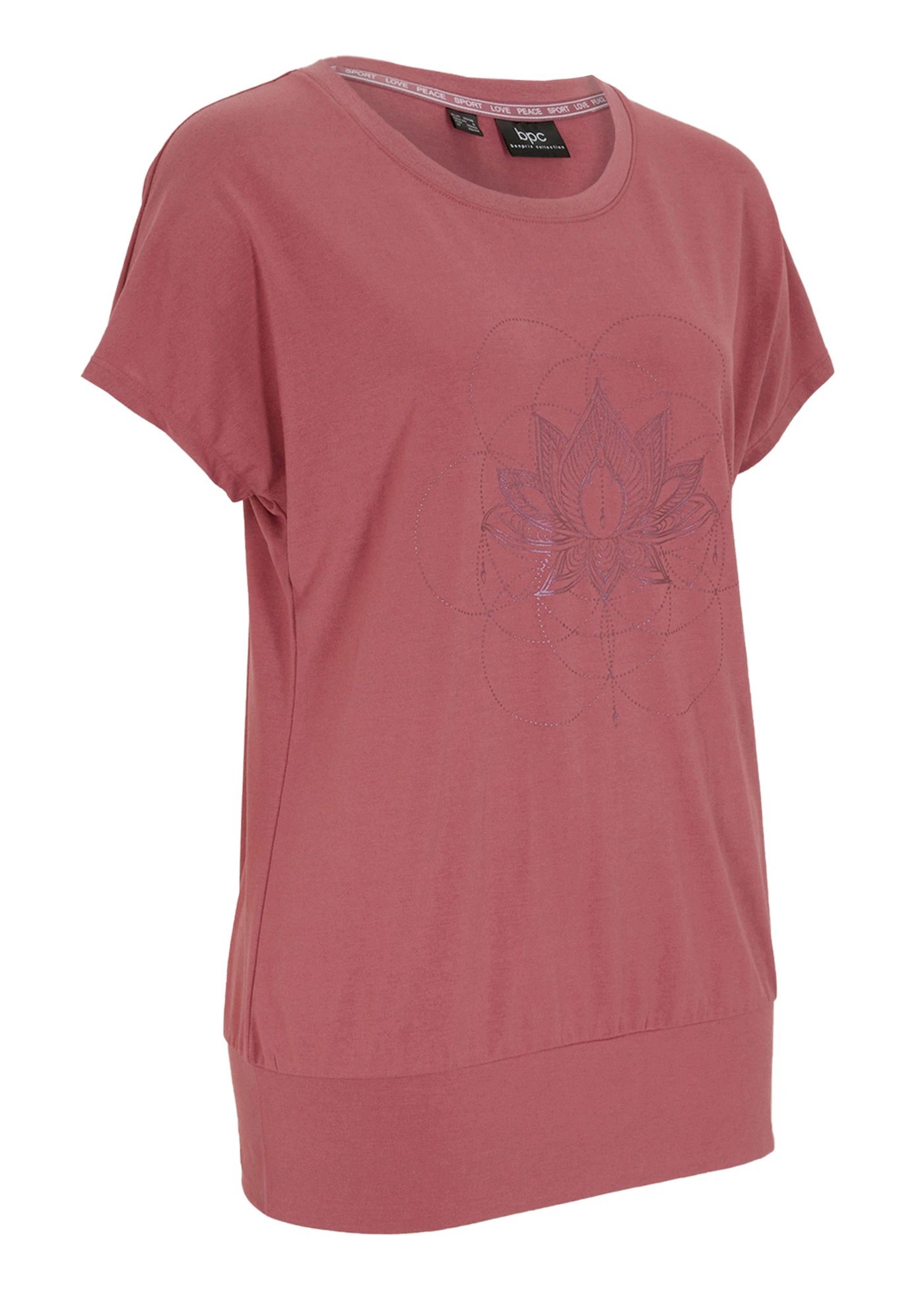 T-shirt loose de sport, large base élastiquée • vieux rose imprimé • Boutique bonprix